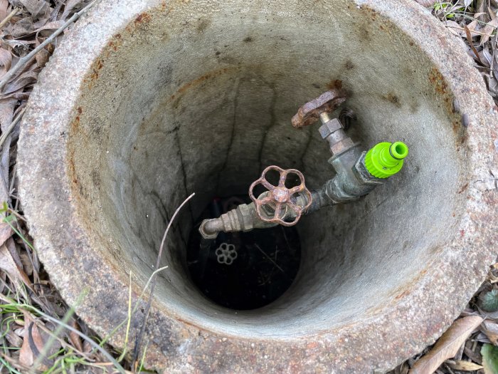 Betongbrunn med två gamla kranar, en är försedd med grön slangkoppling, omgiven av löv.