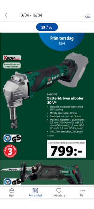 Reklambild för PARKSIDE batteridriven nibbler, pris 799 kronor, tillgänglig från 13 april, verktygsdetaljer presenterade.