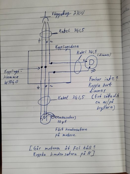 Handritad schematisk elektrisk kopplingsskiss med kommentarer och instruktioner, möjligtvis för felsökning.