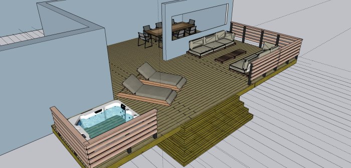 3D-modell av ett modernt uteområde med sittplatser, matplats och jacuzzi på trägolv.