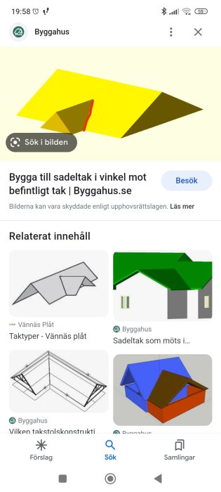 En skärmdump av en mobil med en webbsida om takkonstruktion, olika förslag till takdesign visas.