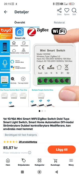 En skärmdump av en online-produktsida för en smart brytare med ZigBee och WiFi-stöd, kompatibel med smarta hem-system.