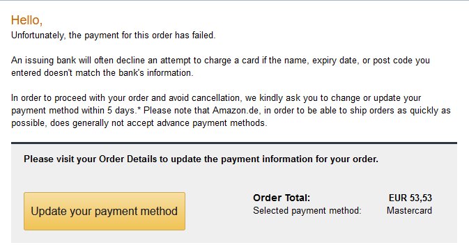 E-postmeddelande om misslyckad betalning, uppmanar uppdatering av betalningsmetod, hänvisar till Amazon.de, order totalt EUR 53,53.