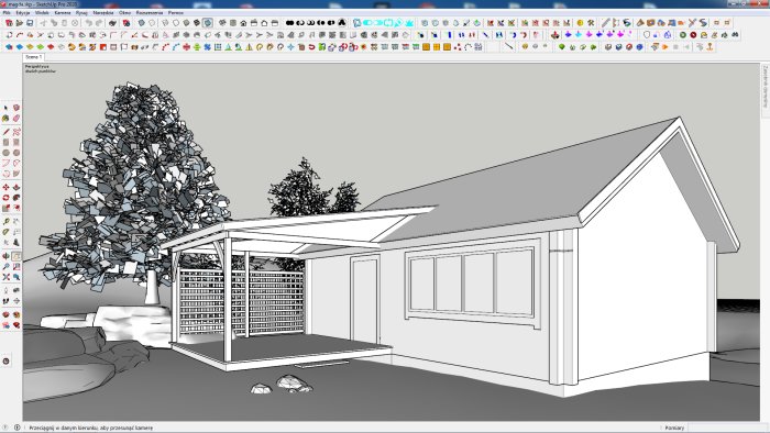 3D-modell av hus i SketchUp, träd, gråskala, designprogram, användargränssnitt synligt.