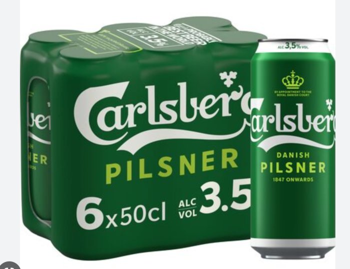 Sexpack Carlsberg Pilsner ölburkar, alkoholhalt 3,5 % volym, grön förpackning.