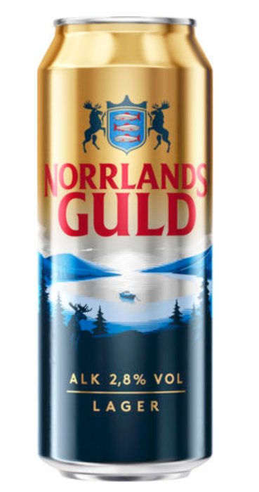 En ölburk av Norrlands Guld Lager med alkoholhalt 2,8% volym, ett svenskt ölmärke.