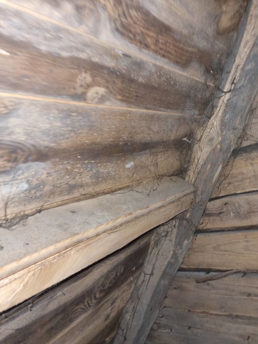 Gammal träkonstruktion, möjligen en del av en byggnad eller möbel, med patina och spindelnät.