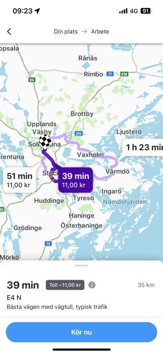 GPS-navigationsapp visar rutt, tid, kostnad och avstånd för resa i Sverige.