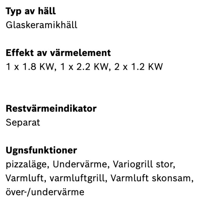 Specifikationer för en glaskeramikhäll med effektdata och ugnens olika funktioner, inklusive pizzaläge.