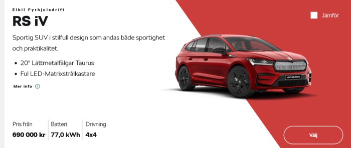 Röd SUV, elektrisk, fyrhjulsdrift, sportig design, LED-strålkastare, 20-tums fälgar, från 690 000 kr, 77 kWh batteri.