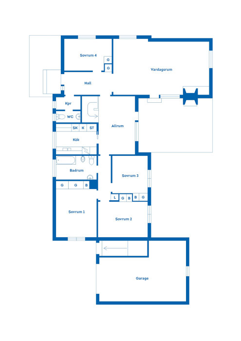 Ritning av en bostad med fyra sovrum, vardagsrum, kök, badrum, garage och allrum.