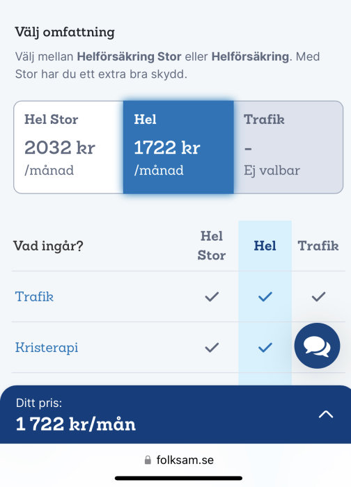 Försäkringsalternativ jämförelse, "Hel Stor" och "Hel", pris och täckning listade, svensk webbplats.
