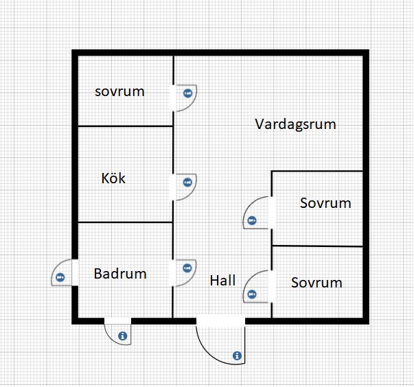 En ritning av en bostad med kök, vardagsrum, badrum, hall och sovrum.