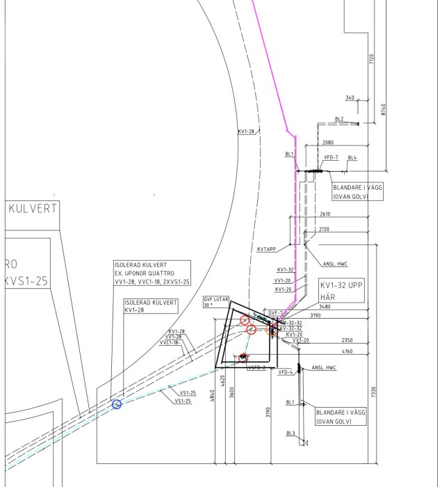 Teknisk ritning, infrastruktur, kulvert, ledningar, måttangivelser, konstruktionsdetaljer, schema över installationer.