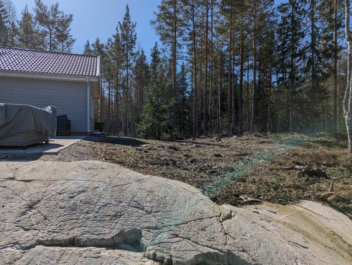 Solig dag, trädkantad tomt, klipphäll i förgrunden, husvägg med grill och möbler under skydd.