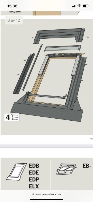 Illustration av takfönsterinstallation, steg 6 av 12, konstruktionsdetaljer, webbadress, grafisk manual.