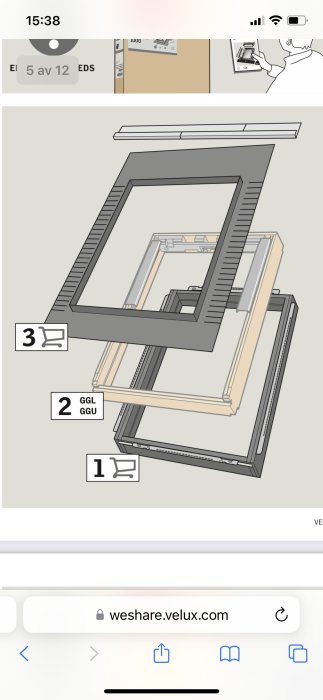 Illustration av taksprångsfönster installation, numrerade steg, webbsida i bakgrunden, teknisk ritning.