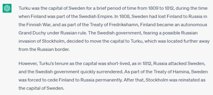 Text om Turku som var Sveriges huvudstad 1809-1812, under finska kriget och ryska hotet. Stockholm åter blev kapital efteråt.