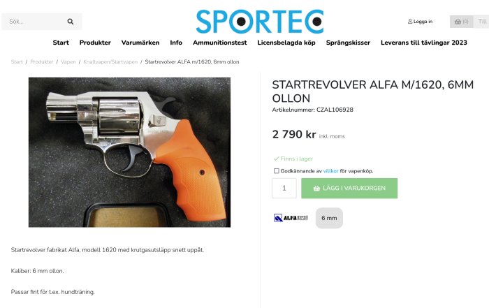 Skärmavbild från webbutik visar startrevolver, 6mm, orange handtag, 2 790 svenska kronor.