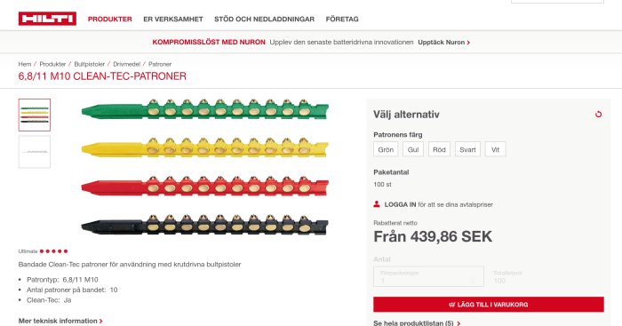 Webbsida som visar färgade bandpatroner för krutdrivna verktyg; gröna, gula, röda, svarta. Produkter från Hilti.