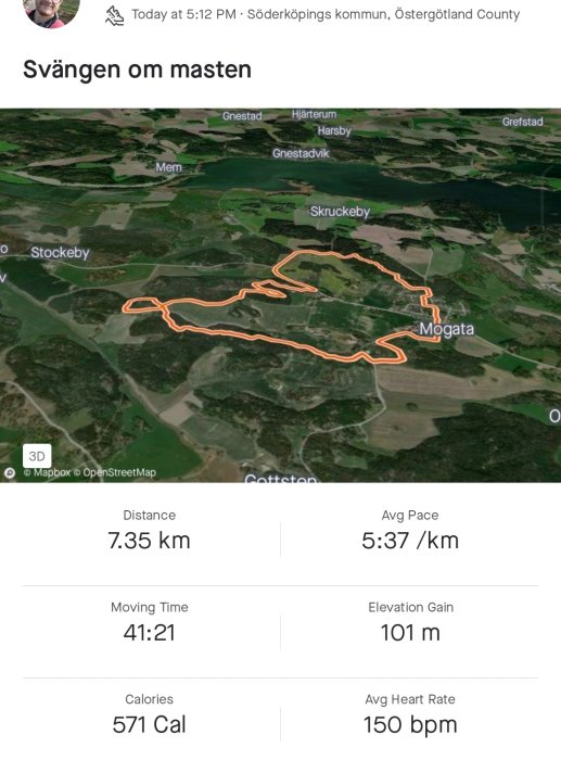 En löptur på 7,35 km markerad med orange linje, Söderköpings kommun, terräng, statistik inkluderad.