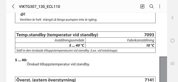 Tekniskt dokument, ventilinstruktioner, temperaturinställning vid standby, fabriksinställning, svenskt språk, användargränssnitt, mobilskärm.