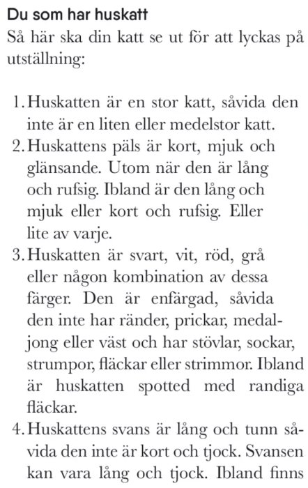 Text om hur en huskatt ska se ut för att lyckas på kattutställning; storlek, päls, färg, svans.
