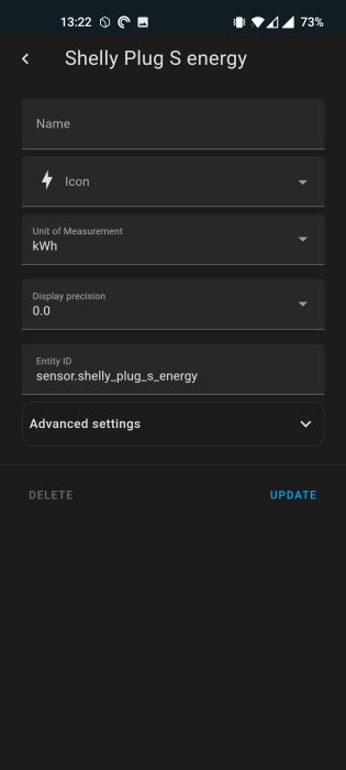Mobilskärmbild av inställningar för energisensor, Shelly Plug S, enheten ID, ikon, mätenhet kWh, precision, uppdaterar knapp.