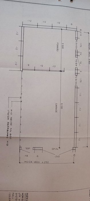 Teknisk ritning av en byggnadsplan med måttangivelser och detaljer.