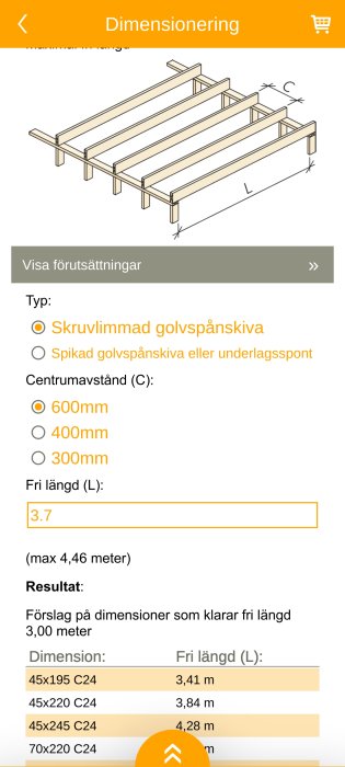 Illustration av träbjälklag, dimensioneringstool för golvbjälkar, olika bjälkstorlekar och deras spännvidder.