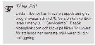 Text på svenska varnar om möjlig mjukvaruuppdatering för F370 med hänvisning till hemsida och instruktioner.