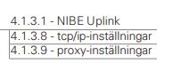 Textlista med tre punkter: NIBE Uplink, tcp/ip-inställningar, proxy-inställningar med versions- eller avsnittsnummer.