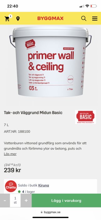 Webbsida visar Midun Basic grundfärg för tak och vägg, 7 liter, kostar 239 kr, finns i Kiruna butik.