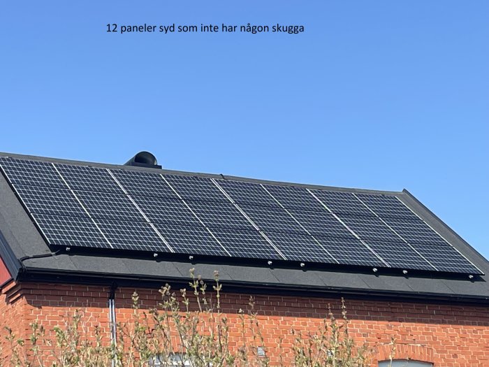 Solpaneler på rött tegeltak, klarblå himmel, inga skuggor, hus i dagsljus.