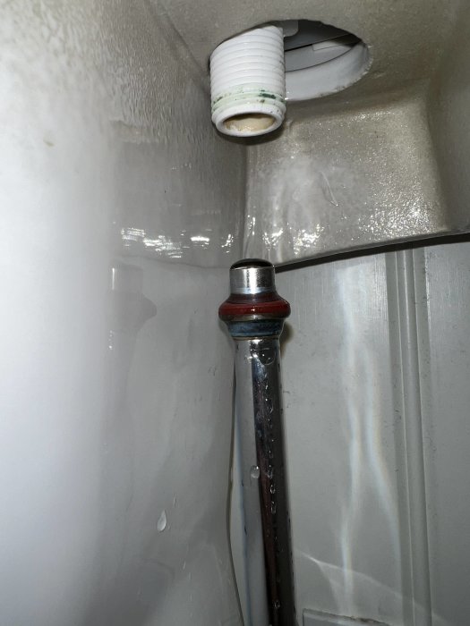 Krökt duschstång, vit plasthållare, duschvägg med droppar, inomhus, badrum, silverfärgad, grön skumgummiremsa.