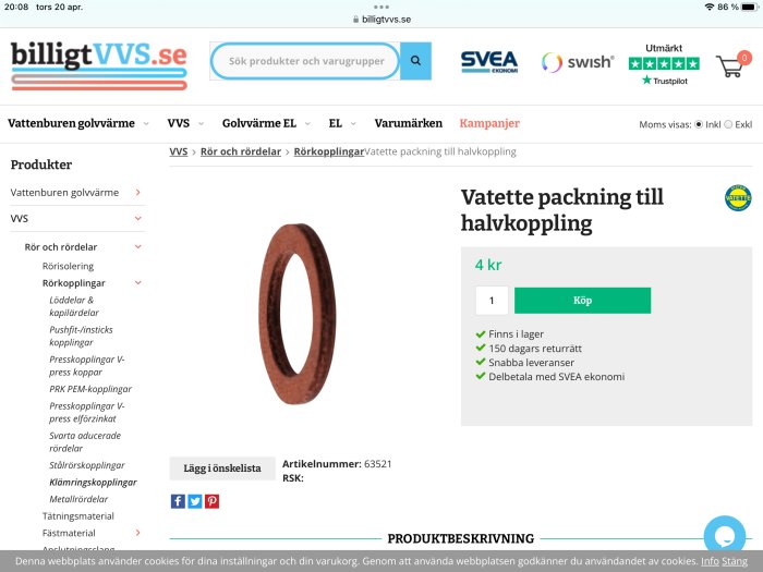 Webbsida, visar en vattentät packningsring, VVS-material, köp-knapp, produktinformation, mörk bakgrund.