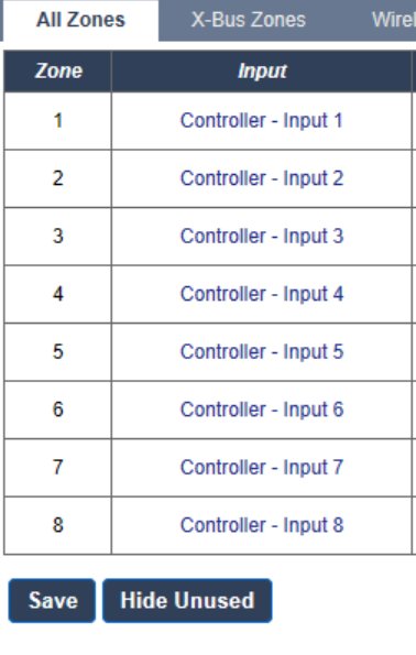 Skärmdump av gränssnitt, zonindelningar, kontroller-inputs, kategorier "All Zones" och "X-Bus Zones," spara-funktion.