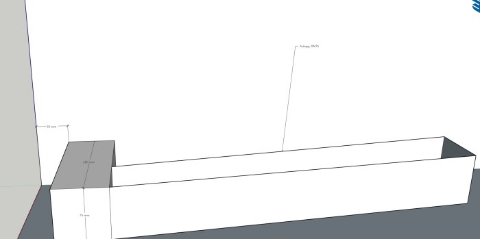 3D-modell av enkel konstruktion med måttangivelser, teknisk ritning, grå toner, designskiss.