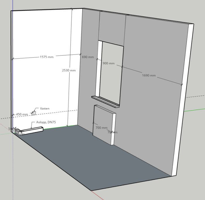 3D-CAD-modell av ett rum med måttangivelser, inkluderar vatten och avloppsdetaljer.