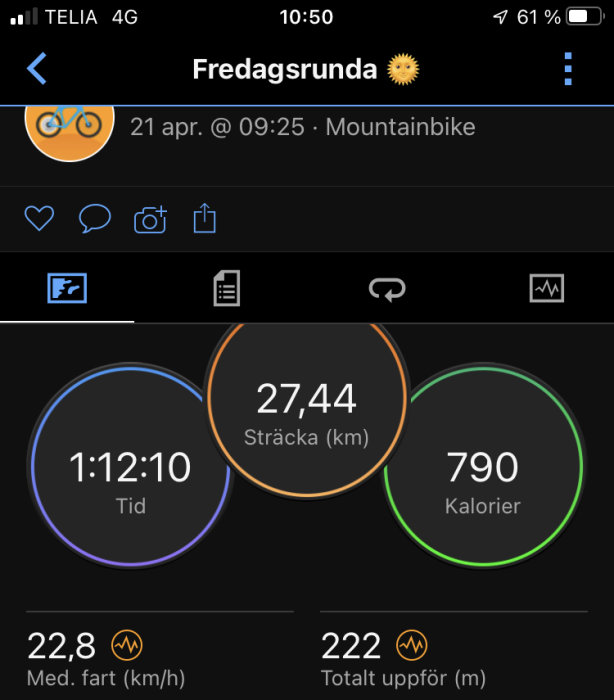 Skärmavbild som visar träningsdata från en mountainbike-tur: sträcka, tid, kaloriförbrukning, medelhastighet, och total höjdökning.