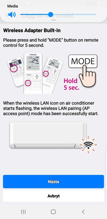 Instruktionsbild för att ansluta en Toshiba luftkonditionerings fjärrkontroll till trådlöst LAN genom att hålla ner MODE-knappen.