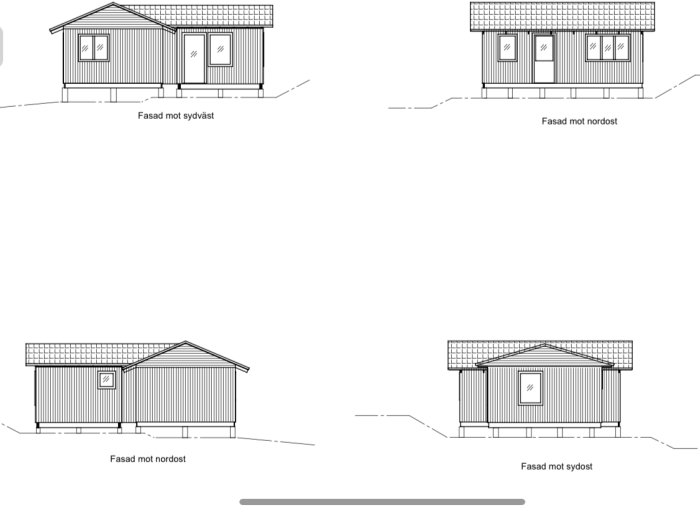 Arkitektoniska ritningar, fyra husfasader, olika vinklar, minimalistisk stil, linjer, inga färger, etiketterade riktningar.