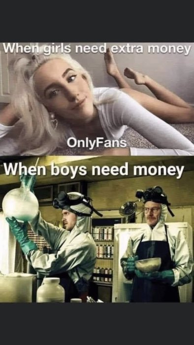 Meme jämför hur kvinnor och män tjänar extrapengar: OnlyFans och Breaking Bad-inspirerad scen.