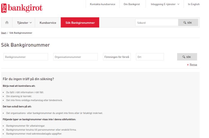 Skärmbild av Bankgirots webbplats med sökfunktion för bankgironummer och fält för information.