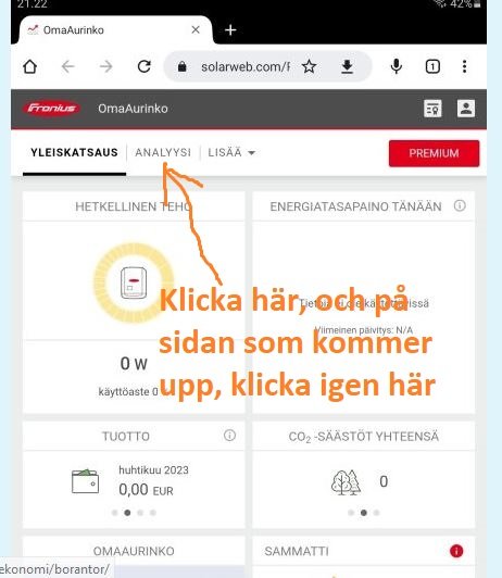 Skärmdump av webbsida för solenergihantering med svenska instruktioner och nuvarande produktion på 0 watt.