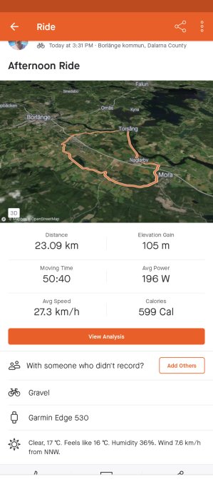 Cykelapp-skärmdump: ruttöversikt, 23,09 km, 50:40 minuter, 599 kcal, Borlänge, klart väder.