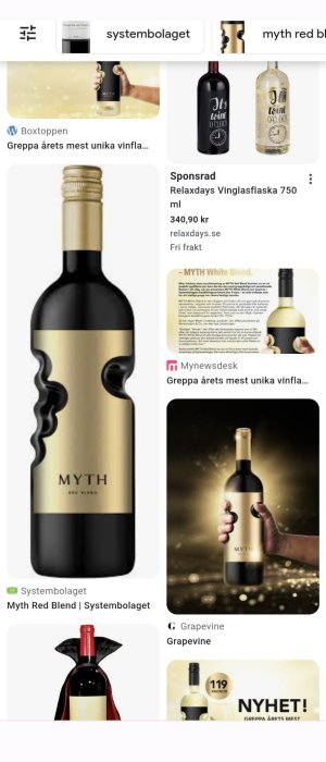 Reklambilder för vinflaskor, "MYTH" vin, olika webbsidor, priser, och "NYHET" skyltar.