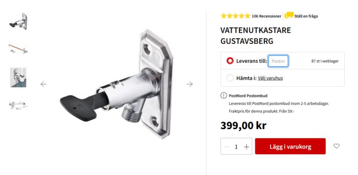 Vattenutkastare från Gustavsberg. E-handelssida med prisinformation, kundrecensioner, och en "Lägg i varukorg"-knapp.