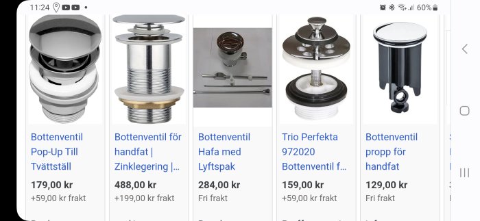 Olika modeller av bottenventiler för handfat med priser och fraktkostnader.