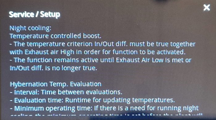 Bild på skärm med text om inställningar för nattkylning och temperaturvärdering i ett system.